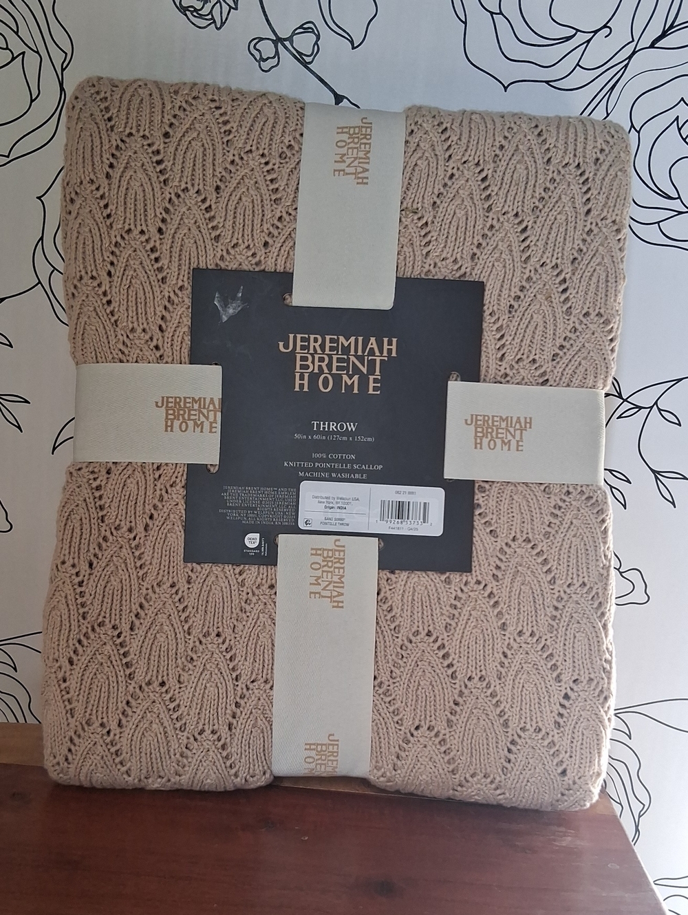 Jeremiah Brent Home Tan Knit Throw Blanket Knitted Pointelle Scallop